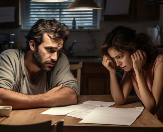 Couple reviewing medical bills at kitchen table with worried expressions.